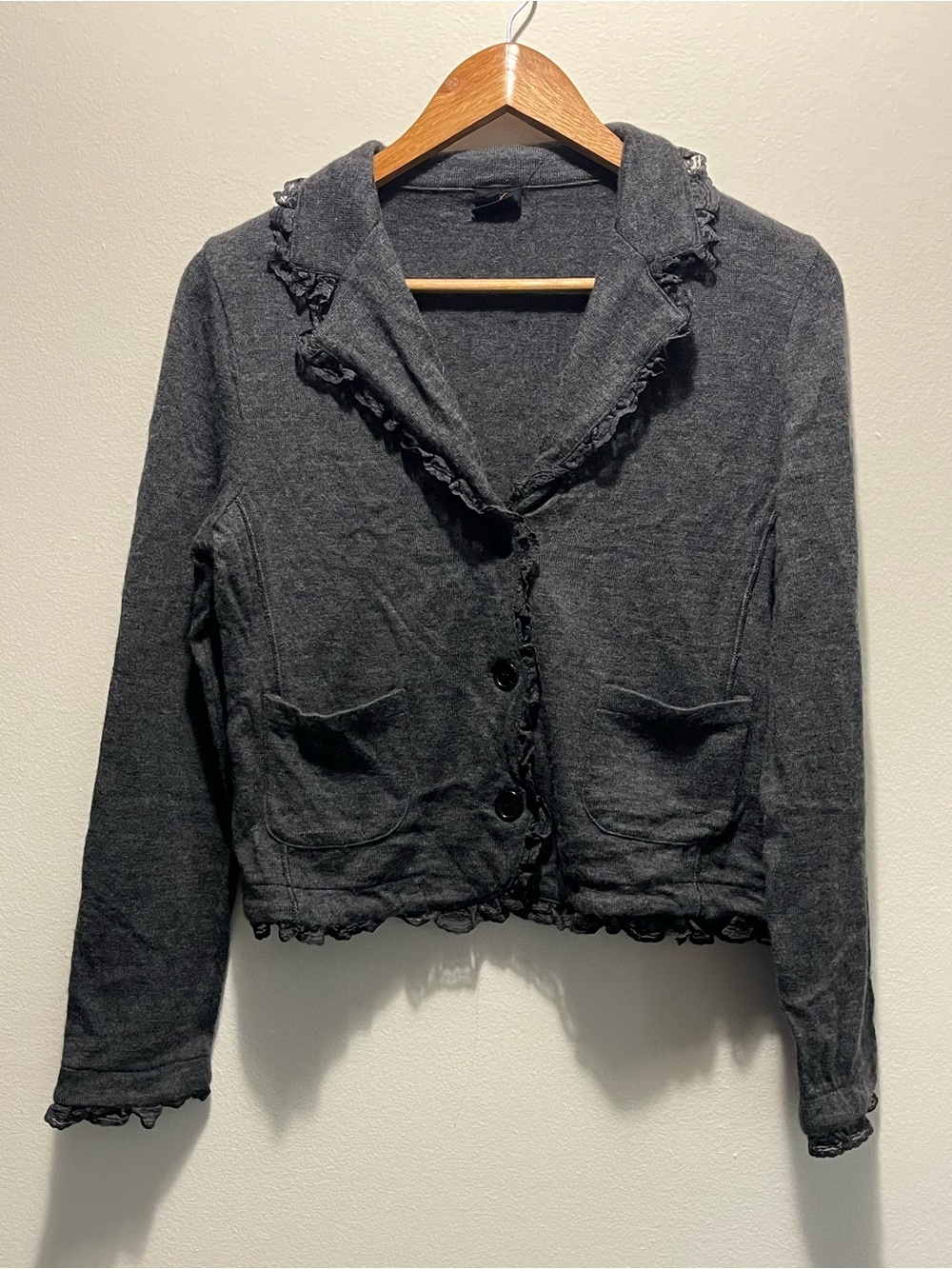 Charcoal Ruffle-Trim Cardigan Sweater- Medium PTP 21 inch